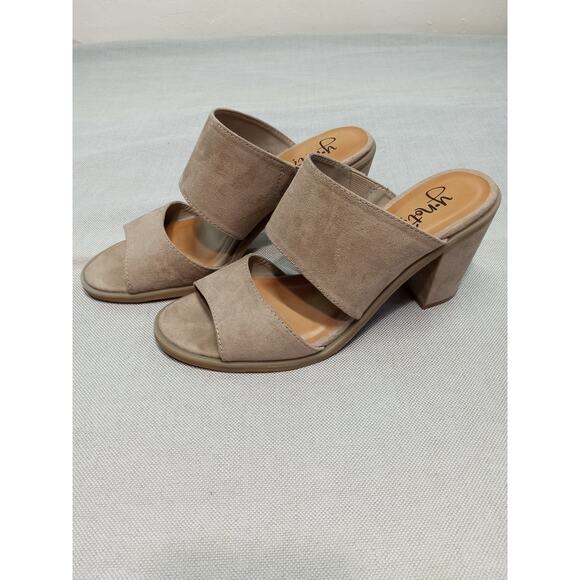 Y Not Women's 10M Hope Block Heeled Sandal Tan Double Band Slip On - Picture 1 of 8